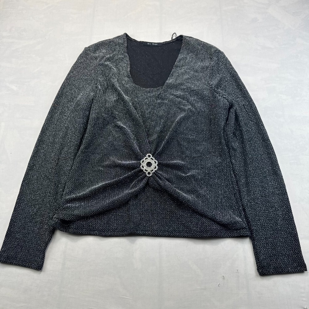 Blu Sage Blouse Medium Black Silver Metallic Rhinestone Brooch Front Pullover